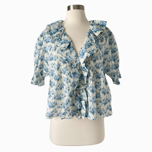 Doen Henri Ruffle Blouse S Blue Floral Cotton Top Feminine Cottagecore - Picture 4 of 11